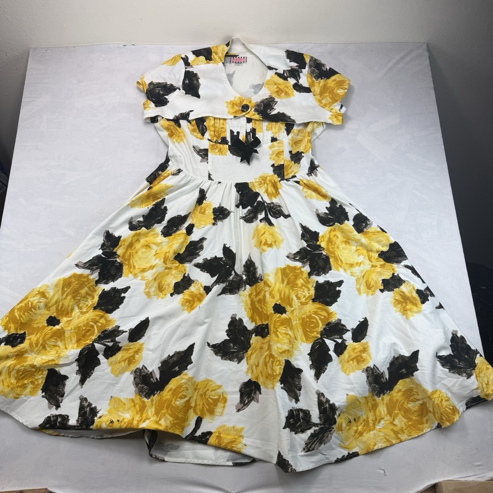 Pinup Couture 2X Yellow Black Floral Swing Dress Retro Pin Up Made USA Womens